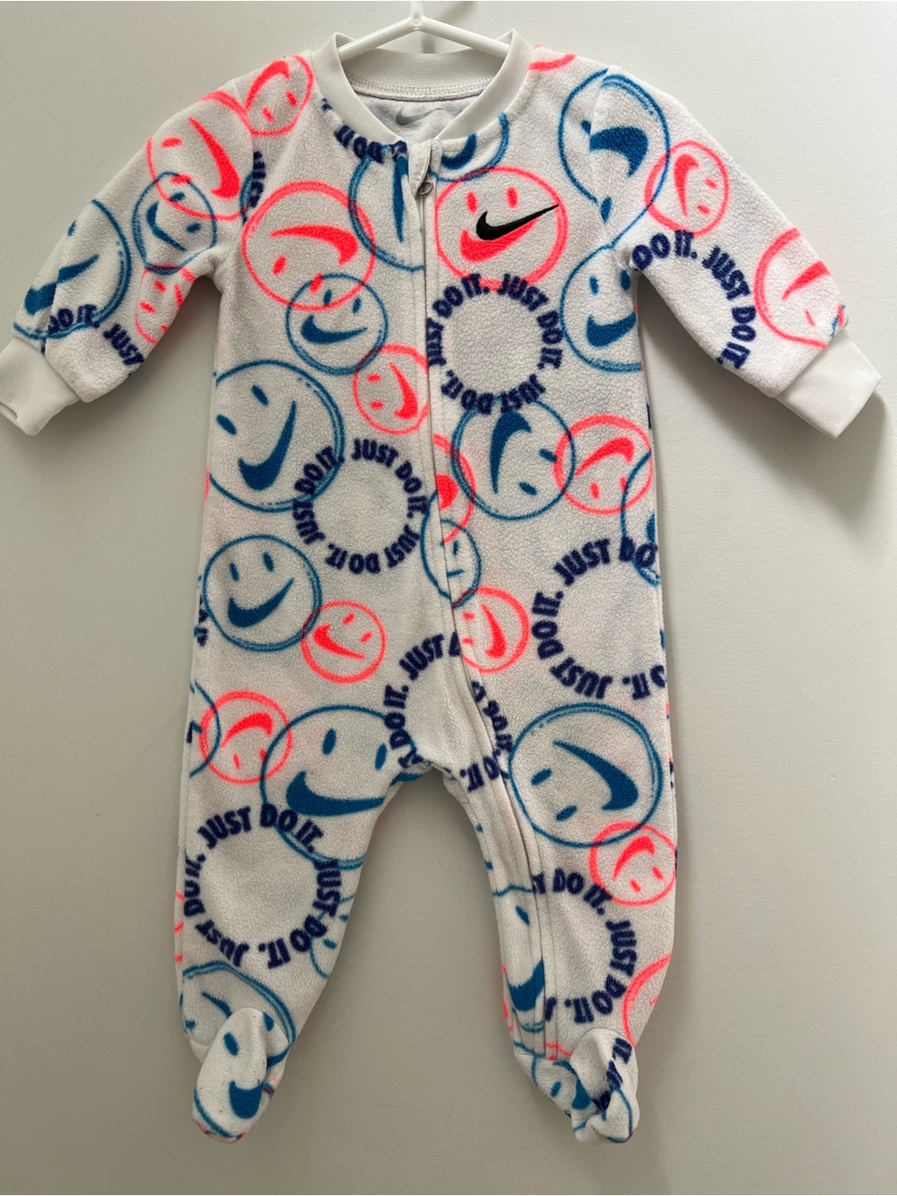 Nike White Fleece One-Piece Footie with Blue & Neon Pink Smiley Print